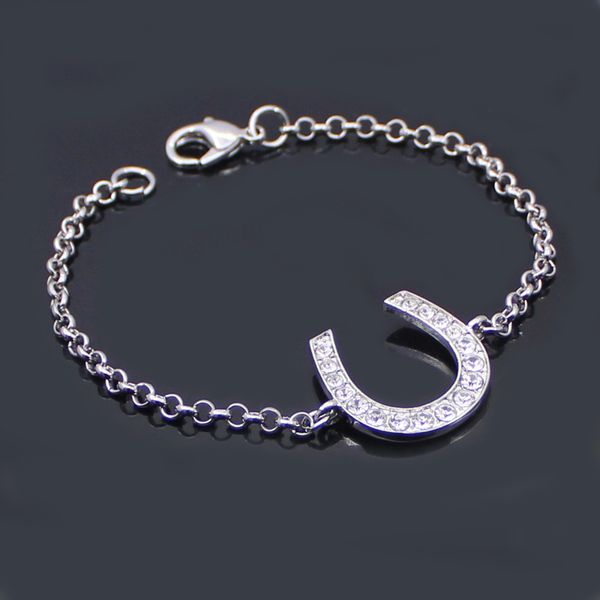 Chumbo e níquel Corrente de elos grátis Pulseira de ferradura Pulseiras de ferradura equestre Decoradas com strass de cristal tcheco branco brilhante