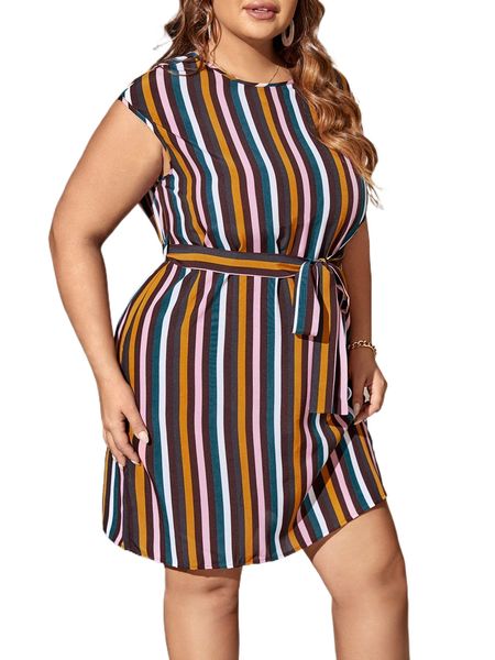 

plus block striped belted dress t63n#, Black