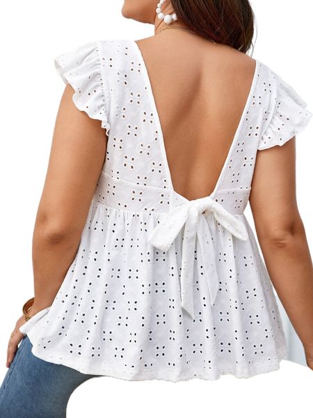 

plus contrast lace tie back eyelet embroidery tee s2n5#, Black