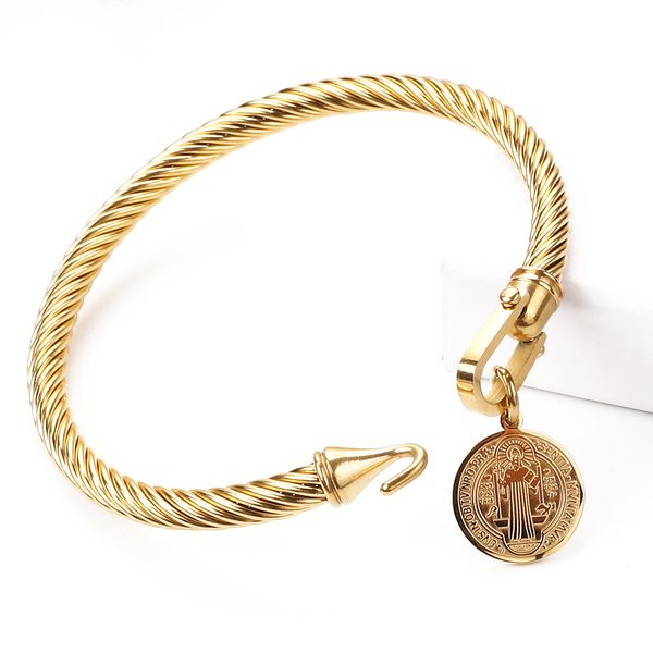 

u-shaped hook buckle bangle stainless steel designer bracelets father st. benedict pattern tag horseshoe letter twisted k gold bracelet, Black
