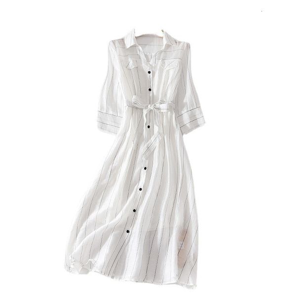 

casual dresses summer tie waistline mid length skirt lapel swing tencel temperament stripe dress two piece women's suit ie3o, Black;gray