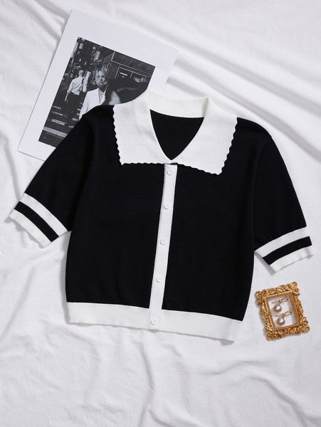 

colorblock contrast collar button front scallop cardigan t3ld#, White;black