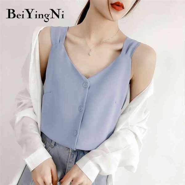 

chiffon fresh singlebreasted female korean allmatch tank vintage sleeveless camis blouse tee lady 210427, White