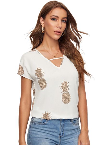 

cutout v-neck pineapple print u9vf#, White