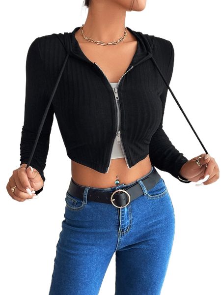 

petite two-way zipper drawstring hooded crop jacket e0tg#, Black;brown