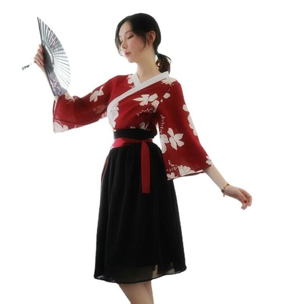 Повседневные платья женская классическая печатная китайская одежда сексуальное костюм V-образное вырезок с половиной рукава красные топы и эластичная талия черная шифоно
