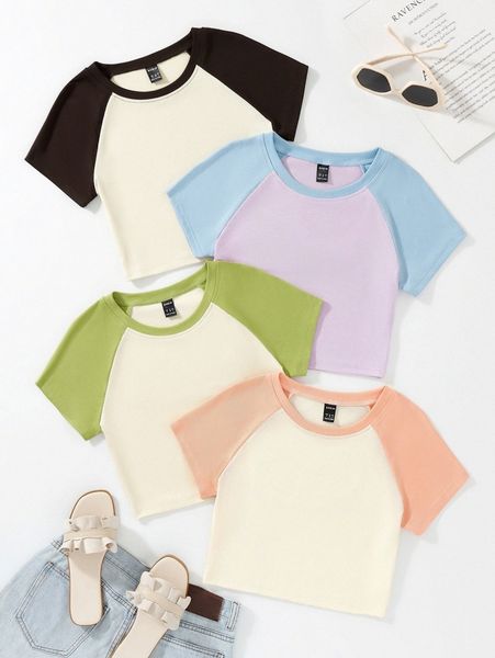 

4pcs color block raglan sleeve tee r6lb#, White