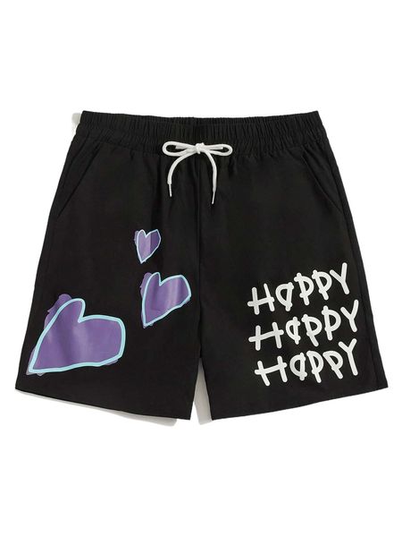 

romwe guys letter & heart print shorts m0v1#, White;black