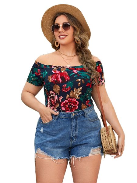 

plus floral print off the shoulder tee t9op#, Black