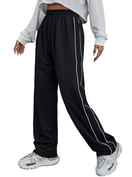 

contrast piping sweatpants 83fb#, Black;white