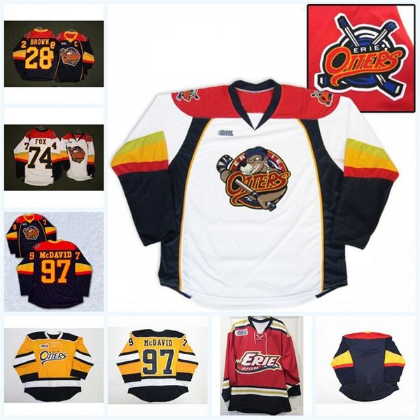 A3740 Mens Erie Otters 74 Dane Fox 97 Connor McDavid 28 Connor Brown 100 % Stickerei benutzerdefinierte beliebiger Name beliebige Nummer Eishockeytrikots Navy White Yellow