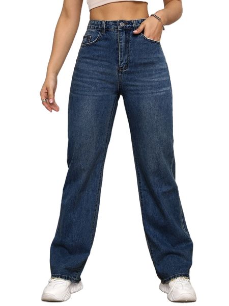 

high waist solid jeans 75bd#, Blue