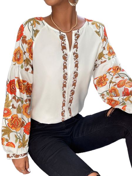

floral print raglan sleeve v wired blouse f4u7#, White