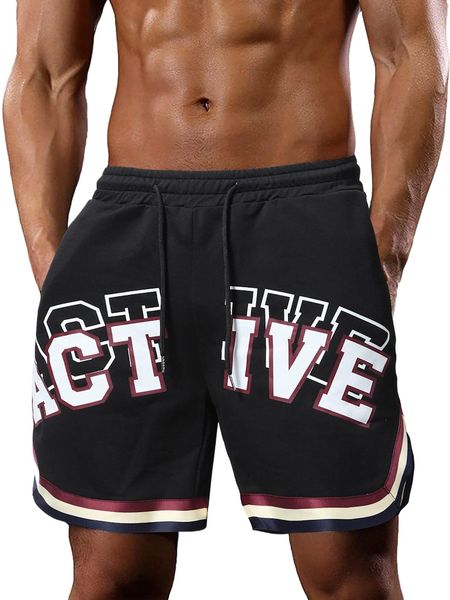 

men letter graphic stripe tape drawstring track shorts i9qm#, White;black