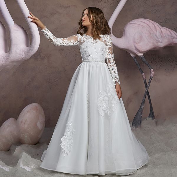 

wholesale new childrens wedding dress dress long sleeve lace round neck trailing girls performance birthday dress, White