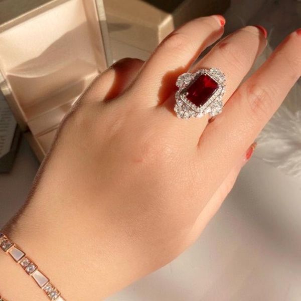 Clusterringe 2022 Frauenring mit Stones Square Ruby S925 Sterling Silber für Frauen ästhetische Vintage -Ringscluster