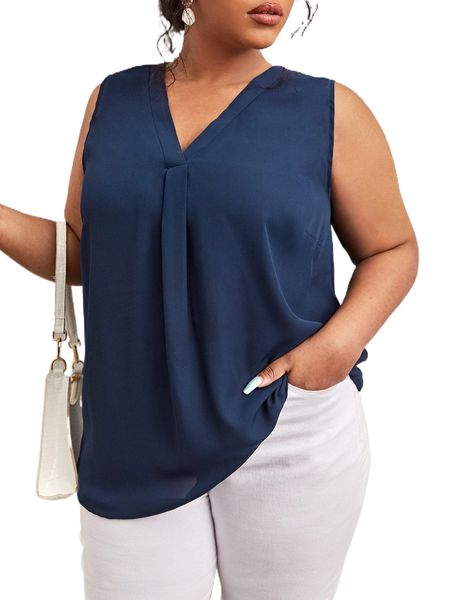 

plus solid fold pleated detail sleeveless blouse 10u3#, Black