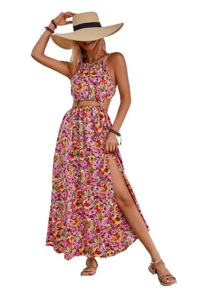 

allover floral print cut out split thigh cami dress g5w3#, Black;gray