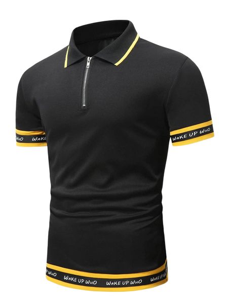 

men contrast letter tape quarter zipper polo shirt n4uo#, White;black