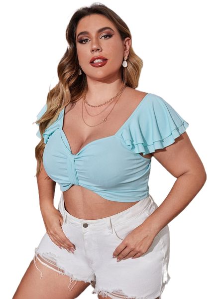 

plus ruched bust layered ruffle sleeve w9gw#, Black