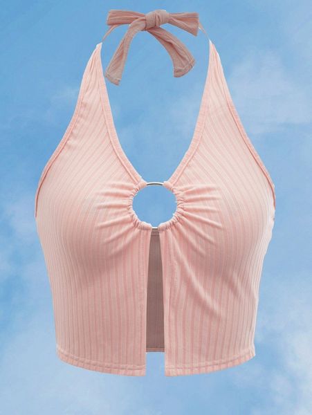 

romwe o-ring decor tie back halter 88rl#, White