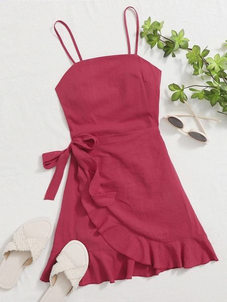 

tied open back ruffle trim wrap front cami dress l5zu#, Black;gray