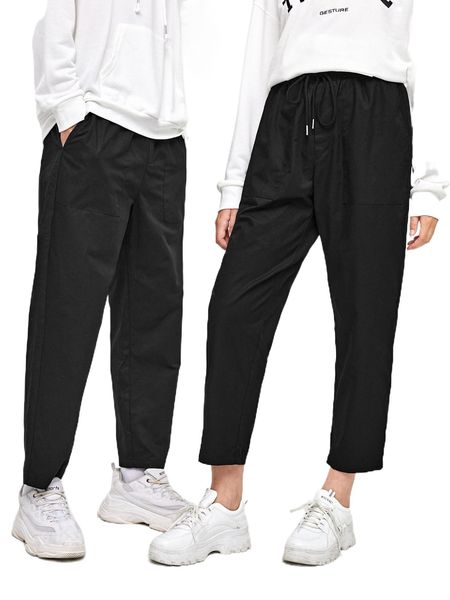 

1pc slant pocket drawstring waist pants i0ay#, Black