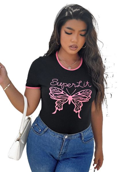 

plus letter & butterfly print contrast trim bodysuit m1vo#, Black