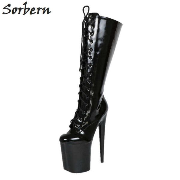 Sorbern Brilhante Negro Joelho Alto Botas Mulheres Espessas Plataforma Sapatos Mulheres Senhoras Botas Tamanho 11 Mulheres Botas com Saltos à Venda