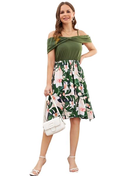 

tropical print c.old s.houlder d.ress 69wc#, Black;gray