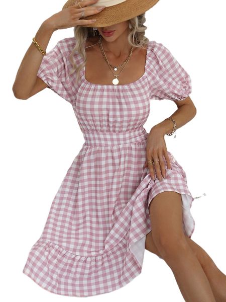 

gingham print cut out tie back puff sleeve ruffle hem dress y6td#, Black;gray
