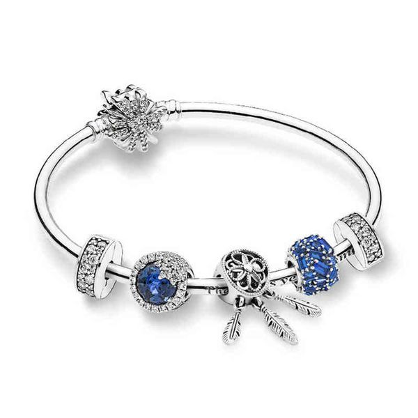 

new 100% 925 sterling silver zt0208 flashing ice crystal winter bracelet set 797746nsbl blue chiselled elegance charm original aa220315, Golden;silver