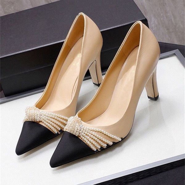 

sandals early spring elegant shallow mouth pearl beaded high heel thick commuting leather women's shoes cover sole 4zzz, Black