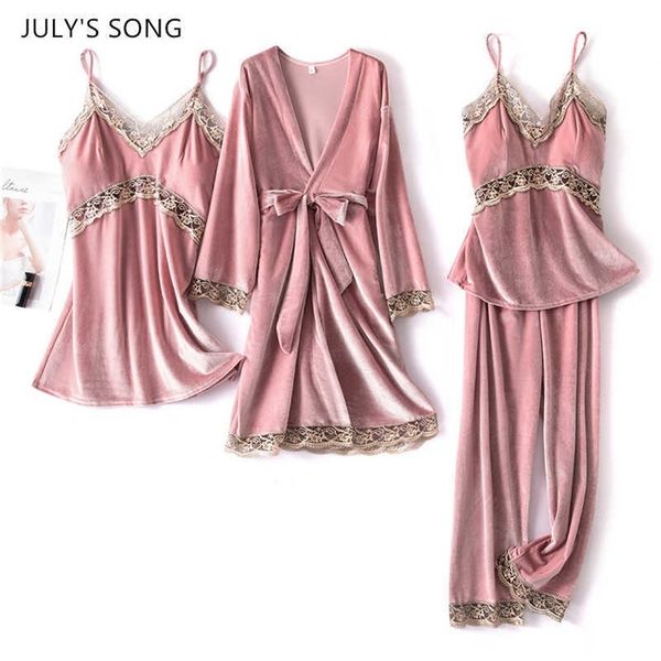 

july's song women velvet 4 pieces pajamas sets sling lace sleepwear winter autumn pyjama with chest pad wine red robe 210713, Black;red