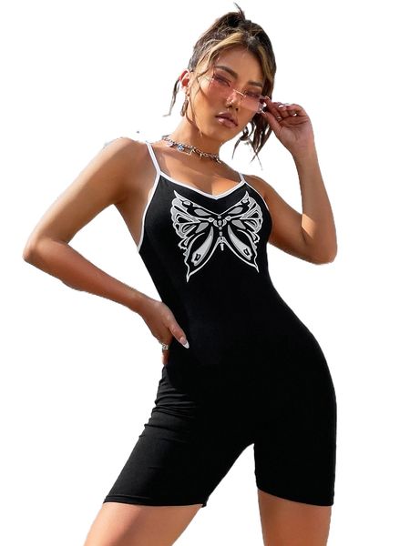 

butterfly print contrast binding cami unitard romper p30u#, Black;white