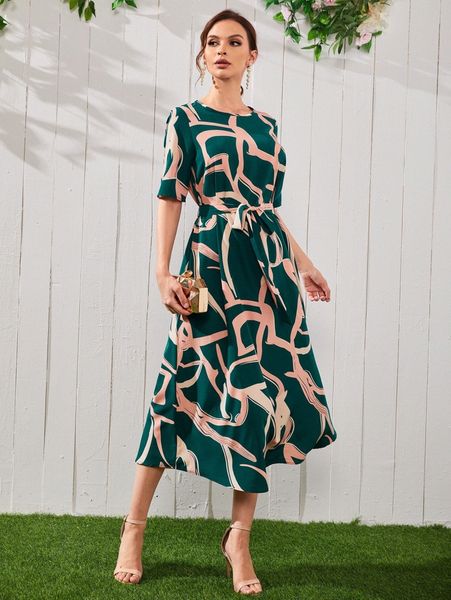 

allover print belted dress 47qt#, Black;gray