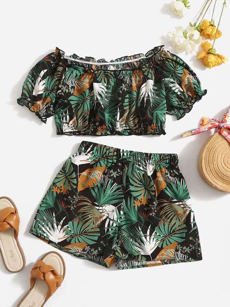 

girls tropical print puff sleeve & shorts she, White