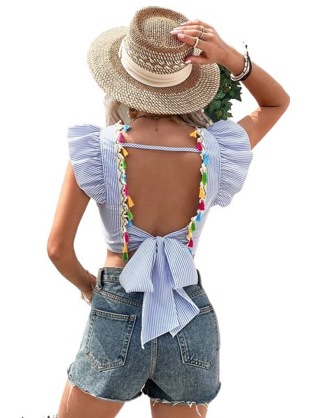 

striped tassel detail flutter sleeve backless knot blouse p15o#, White