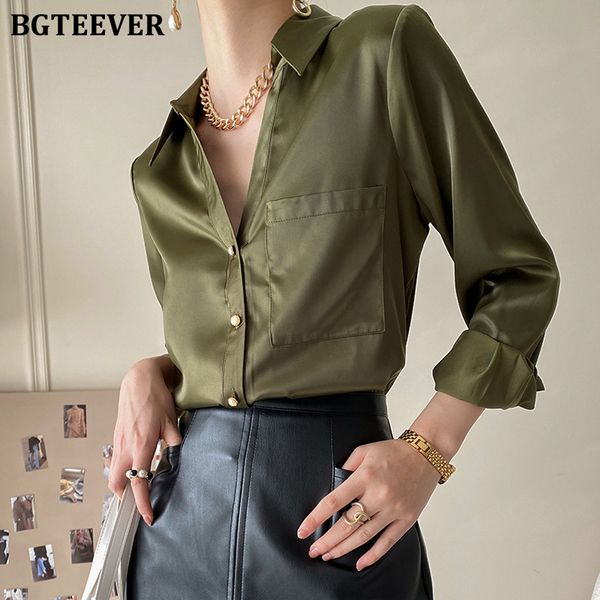 

fashion turn-down collar ladies satin blouses full sleeve pocket single-breasted female shirts 2022 spring blusas, White