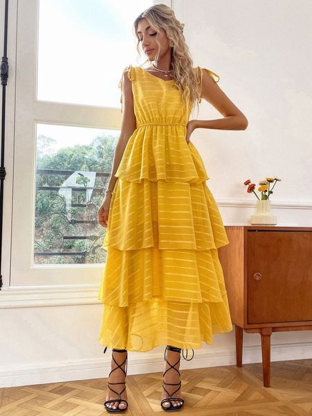 

striped drawstring shoulder layered hem dress i41d#, Black;gray