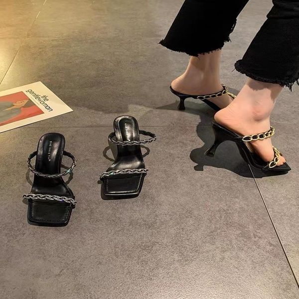 

sandals spring one-line high-heeled sandals women's head open toe chain fairy cool slippers, Black