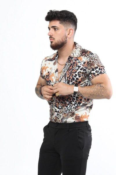 

men's shirt leopard print fashion lapel summer outdoor loose letter print button short sleeve 02, White;black