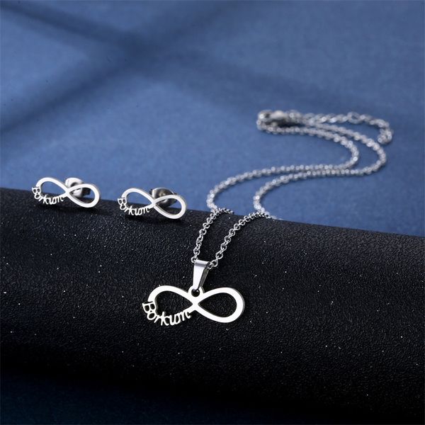 

stainless steel glossy infinity necklace stud earrings set mexican silver color 8 character pendant clavicle chain jewelry