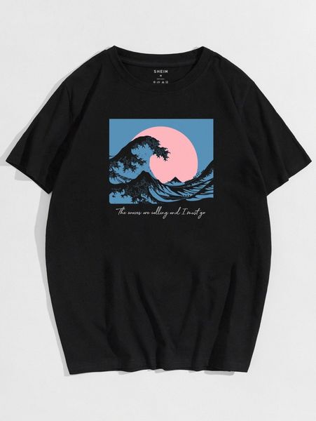 

men slogan & wave print tee x5ej#, White;black
