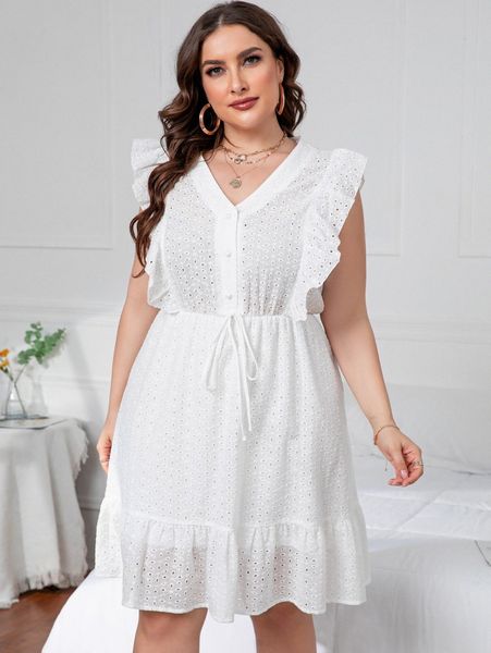 

plus solid fake drawstring butterfly sleeve ruffle hem schiffy dress w792#, Black