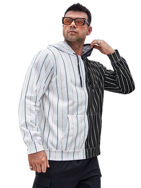 

extended sizes men striped print two tone drawstring hoodie a2rx#, Black