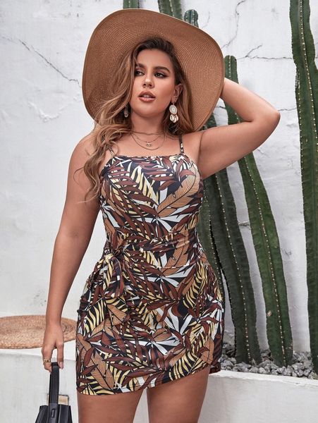 

plus allover tropical print tie side cami dress 40lg#, Black