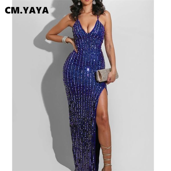 CM.YAYA Pailletten Spleißen Tiefer V-ausschnitt Spitze Up Open Back High Split Maxi Kleid für Frauen Sexy Club Party Ärmellose Kleider 220516