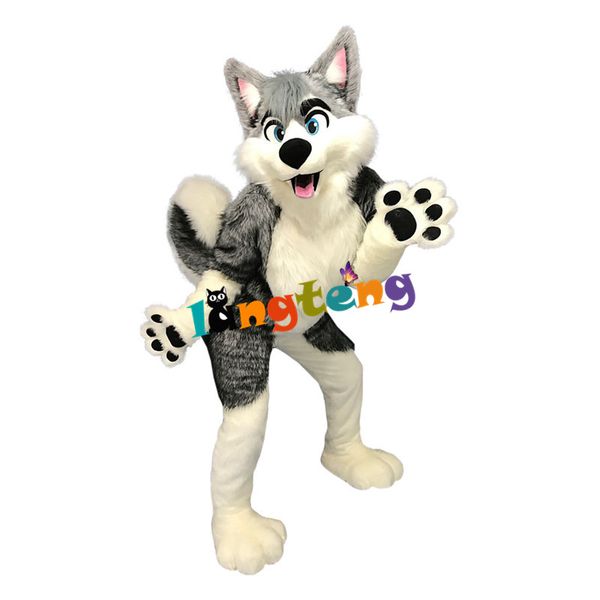 Costume da bambola mascotte N331 Costume da mascotte di alta qualità Custume Design Long Furry Grey Fox Wolfdog Mascot Costumes Cute Fursuit