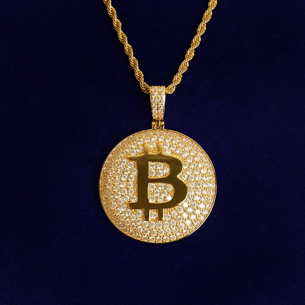 

iced out cz round bitcoin letter b pendant necklaces men's hip hop jewelry gold silver color